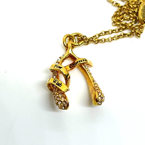 VINTAGE JUICY COUTURE GOLD TONE WISHBONE NECKLACE PAVE CRYSTAL RHINESTONE CHARM - Picture 10 of 17